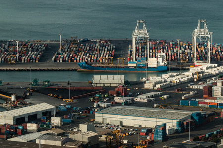 aerial view of freight containers in Auckland harbor