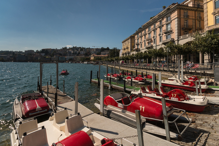 vintage pedalos at lake Lugano in Switzerlandの写真素材