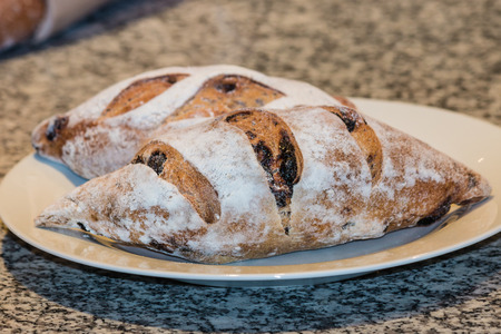 close up of artisan bread with olivesの写真素材