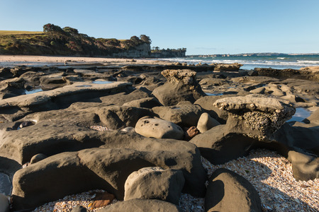 volcanic rocks on beach in New Zealandの写真素材