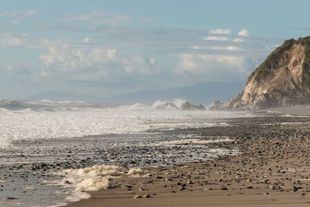 sea foam on sandy beach on West Coast in New Zealandの写真素材