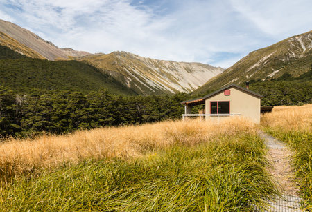 mountain hut in Nelson Lakes National Park, New Zealandの写真素材