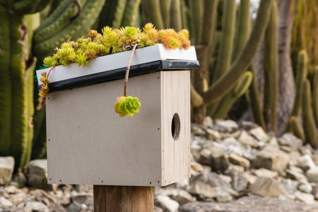 wooden birdhouse with succulent plants