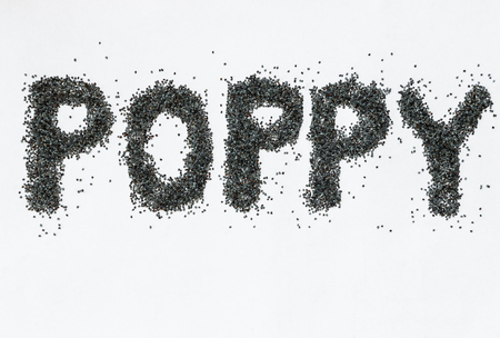 closeup of poppy seeds on white backgroundの写真素材