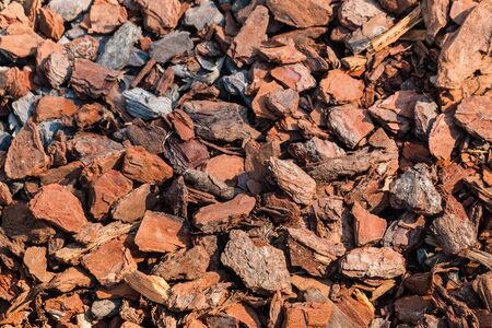 detail of bark chips used as mulch in gardenの写真素材
