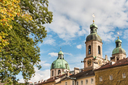 bell towers and dome of Innsbruck Cathedral, Innsbruck, Austriaの写真素材