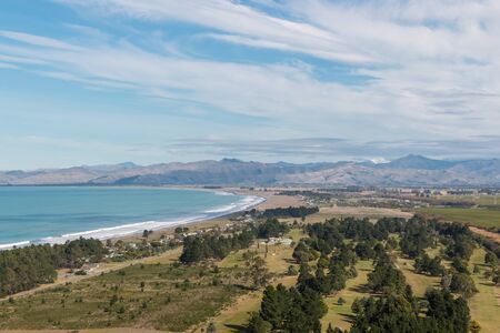 aerial view of Cloudy Bay with Rarangi beach in New Zealandの写真素材
