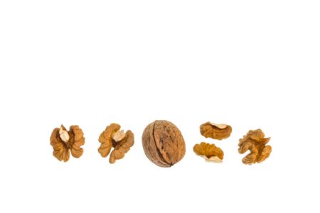 whole and halved organic walnut kernels isolated on white background with copy space aboveの写真素材