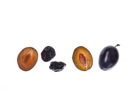 closeup of European prune plums with dried prunes isolated on white backgroundの写真素材