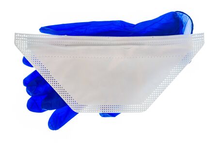 blue latex surgical gloves with N95 face mask isolated on white backgroundの写真素材