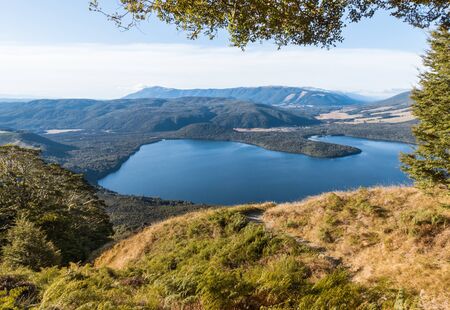 aerial view of lake Rotoiti in Nelson Lakes National Park, South Island, New Zealandの写真素材