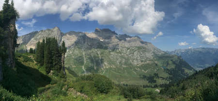 panoramic view of the Ruchigrat mountain range in Swiss Alps, Glarus Canton, Switzerlandの写真素材