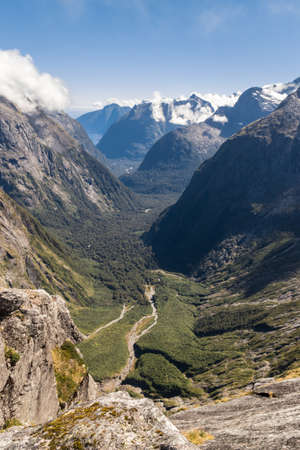 view of Gulliver River and Milford Sound from Gertrude Saddle route in Fiordland National Park, South Island, New Zealandの写真素材