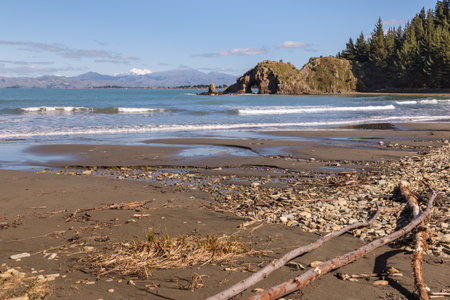Whites Bay sandy beach at low tide, Marlborough, South Island, New Zealandの写真素材