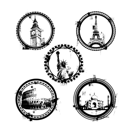World Famous monuments and landmarks with symbols stampsのイラスト素材