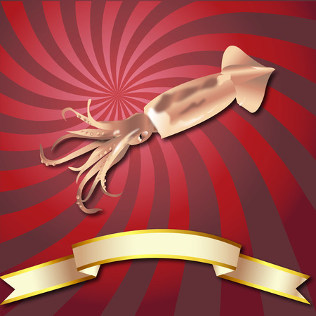 Squid realistic Rays background Sea Food and Gold ribbonのイラスト素材