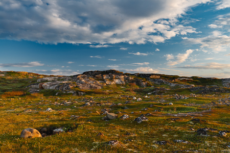 Long summer day behind a polar circle. Peninsula Nemetskiy, Barents Sea, Russiaの写真素材