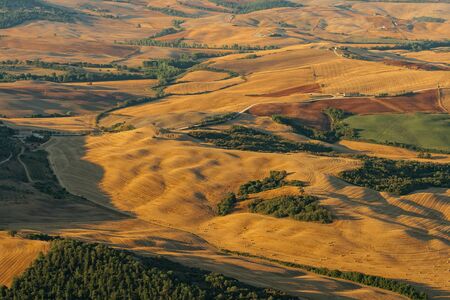 Aerial view of Tuscan fields and hills, Italyの写真素材