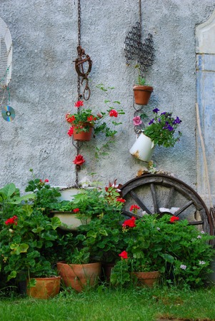 Front of cottage house with lot of flowersの写真素材