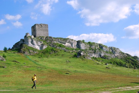 Lonely tourist walking, ruins of Olsztyn Castle, Polandのeditorial素材