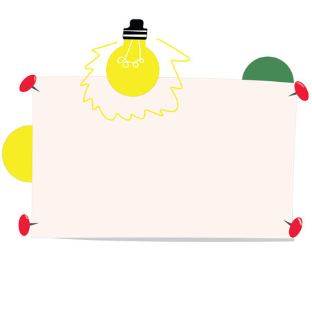 Illustration of a paper attached in red pins with a light bulb; can be used in education; announcements; remember notesのイラスト素材