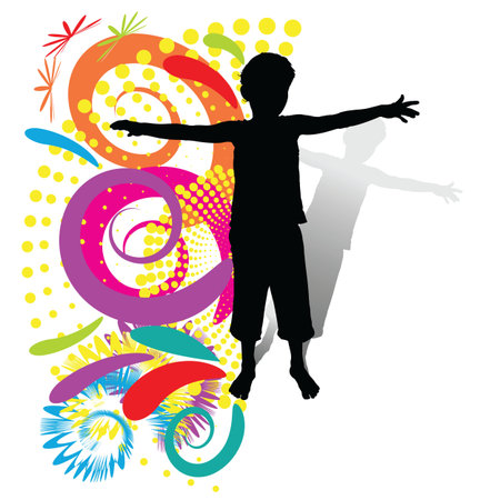 Wallpaper for children t- shirt, with a child silhouette with half of a colorful backgroundのイラスト素材