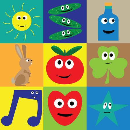 Cartoon collection with smilling vegetables; rabbit , bottle,star, heart, music note, sun to print on kitchen textile, napkins.のイラスト素材