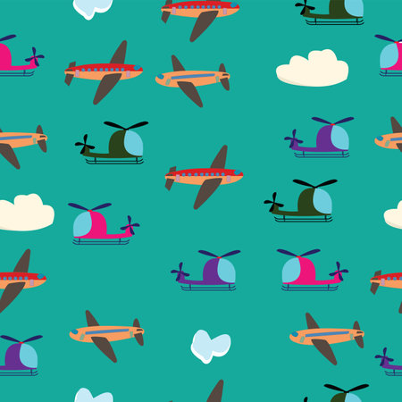 Kids seamless vector pattern with airplanes and helicoptersのイラスト素材