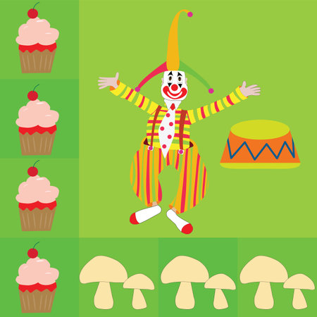 background for table napkins with clown with tie and stage muffin and mushroom; clown presentation with border of muffins and mushroomsのイラスト素材