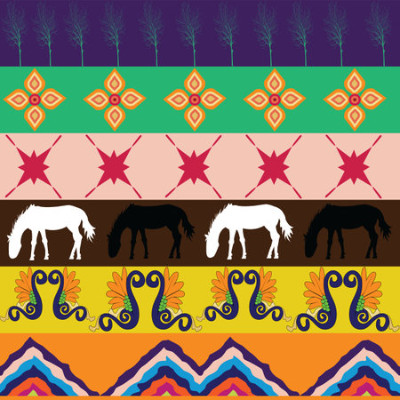 Seamless pattern with trees ornaments horses and chevron; six rows with series of elementsのイラスト素材