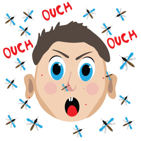 Child screaming for being attacked by mosquitoes; flat design of an shocked kid; design of angry kid  with nips on face when attacked by insectsのイラスト素材