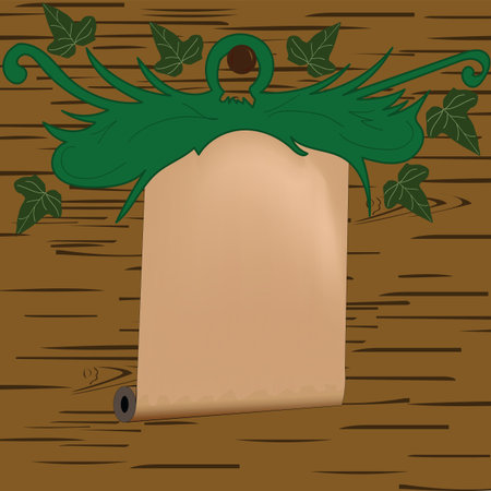 Vintage paper scroll on wood background; paper scroll to use for announcements, menu, writingのイラスト素材