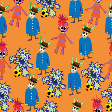 Creepy monsters with clothes seamless pattern; dressed scarry characters for childrenのイラスト素材