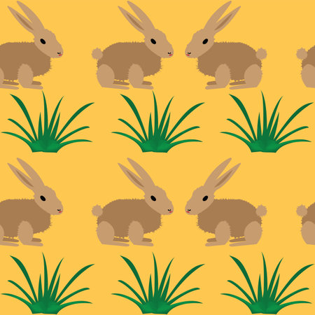 Seamless pattern with repeating rabbits rows and grass bushesのイラスト素材