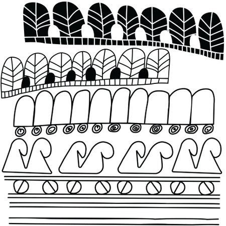 doodle design of ancient ornaments used to decorate prehistoric artifacts; monochrome line art illustrationのイラスト素材