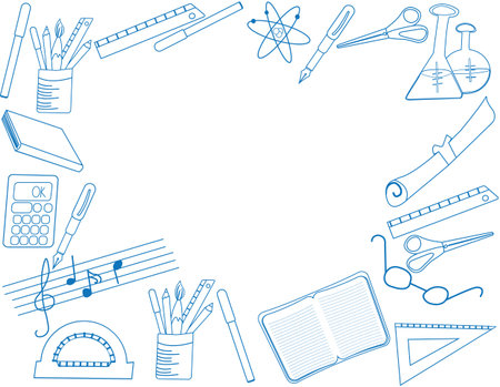 Label with centered copyspace and border of school supplies; contour of objects related to school arranged on border;のイラスト素材