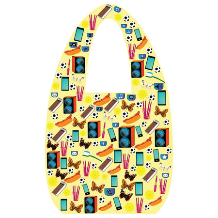 Shopping bag with many objects to use in markets with food; electronics; office supplies, ball. butterflies, toothbrush, media buttonsのイラスト素材