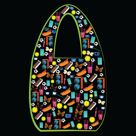 Shopping bag with many icons concept vector with little icons  arranged in shopping bag shape; miscellaneous product icons set together in shopping bag shape contourのイラスト素材