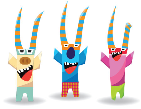 Set of three abstract comical monsters with colorful horns  short legs and raised hands;  colorful horned creative monstersのイラスト素材
