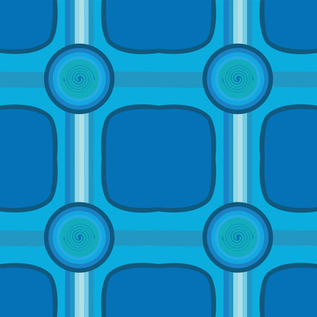 Blue background with stripes intersecting a big circle with a spiral in the middleのイラスト素材