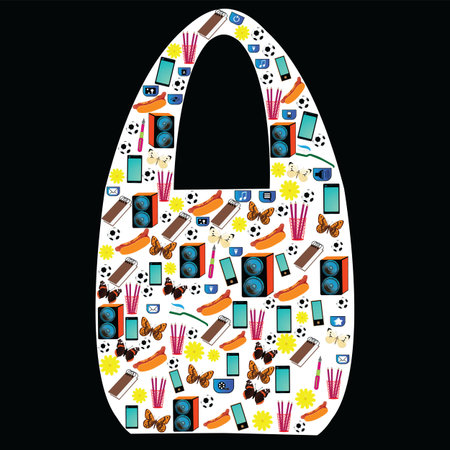 Shopping bag contour with many objects of daily use; concept vector with little icons  arranged in shopping bag shape; miscellaneous product icons set together in shopping bag shape contourのイラスト素材