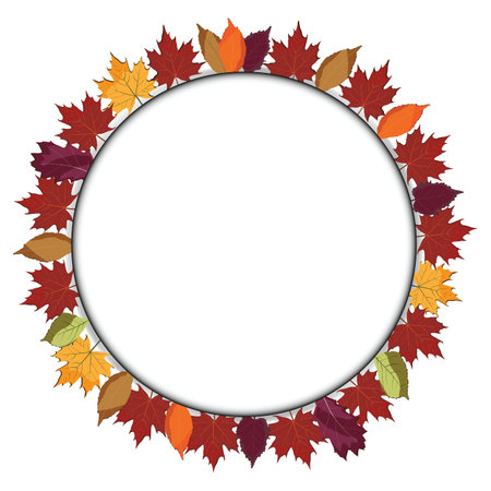 round paper cut copyspace with colorful leaves border; copyspace framed with leaves in autumnal colors; can be used to annouce events, educational use, label for priceのイラスト素材