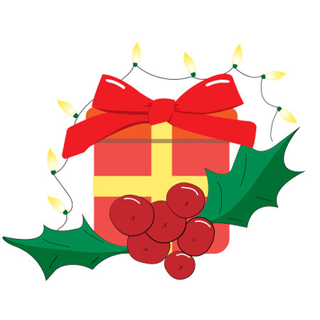 Cute gift box with Holly leaves and electric lights; merry Christmas card with wreath; Gift box; Winter holiday decoration for greeting cardsのイラスト素材