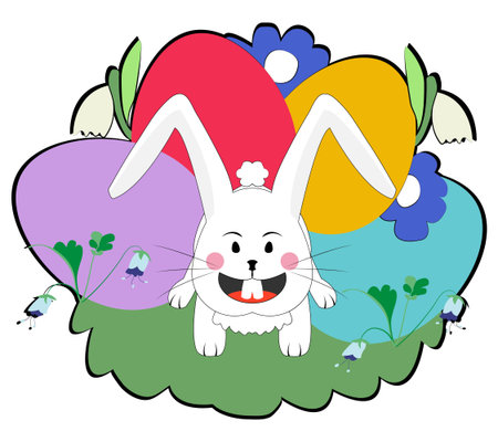 Egg pile of colorful eggs with white rabbit character; seasonal greeting with food and animal ; black contourのイラスト素材