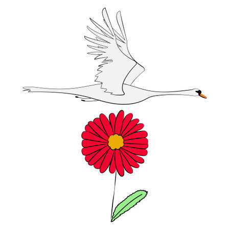 Illustration of a flying swan with a red flower on a white backgroundのイラスト素材