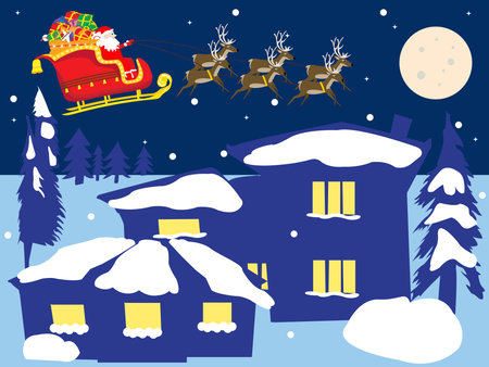 Beautifull winter landscape with Santa Claus sledge over houses; Santa Claus rides on a sleigh in the village at night.のイラスト素材