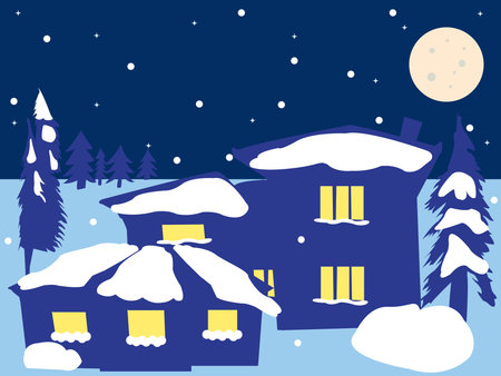 Winter night landscape with two houses and trees; Winter night landscape with snow-covered house and fir trees. Vector illustration.のイラスト素材