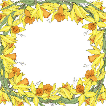 Narcissus frame isolated on white background. Vector hand drawn floral elements background. For cards, invitations, save the date cardsのイラスト素材