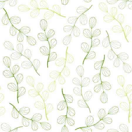 Botanical green leaves seamless pattern. hand drawn vector illustration. Repeating green minimalistic patternのイラスト素材