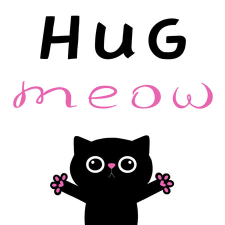 Hand drawn love card with hugging cat and compilation of text. Vector illustration of cute black cat on white background. love card. hug me catのイラスト素材